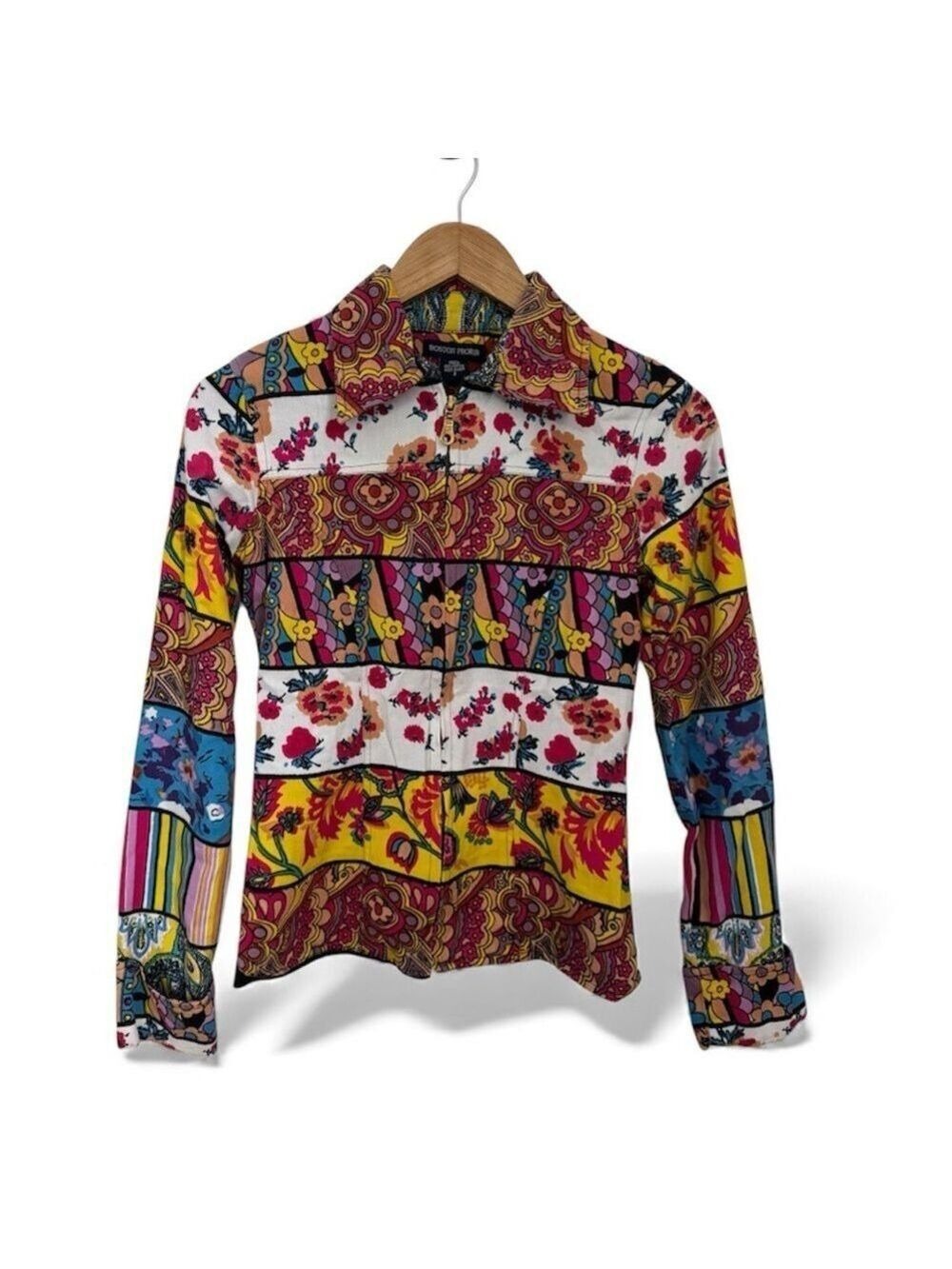 Boston Proper Mixed Print Boho Zip Front Jacket Top Patchwork Retro Style Size 2
